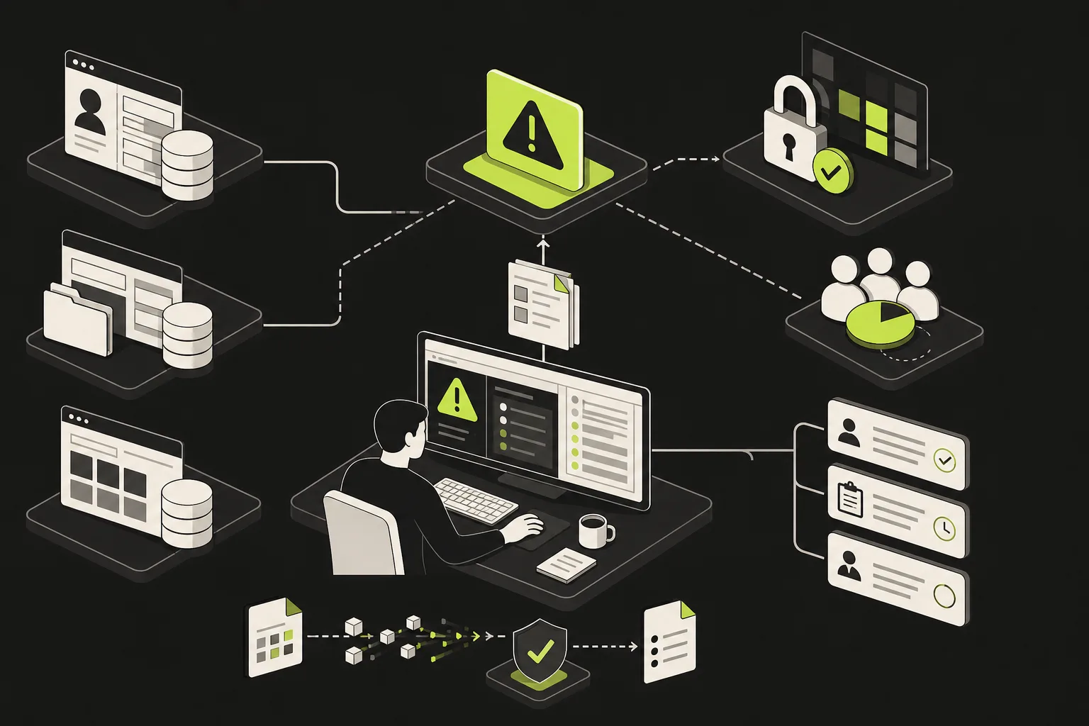 A mortgage incident dashboard links a detection alert to affected data sources, consumer counts, and human review tasks.